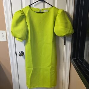 Chic Lime Long Sleeve Dress with Puff Sleeves
